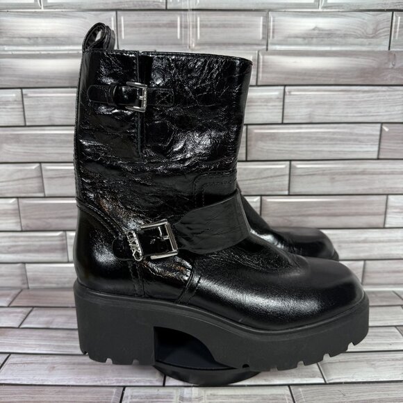 Michael Michael Kors Women's Perry‎ Leather Buckled Platform Moto Booties Size 7 - Picture 1 of 8